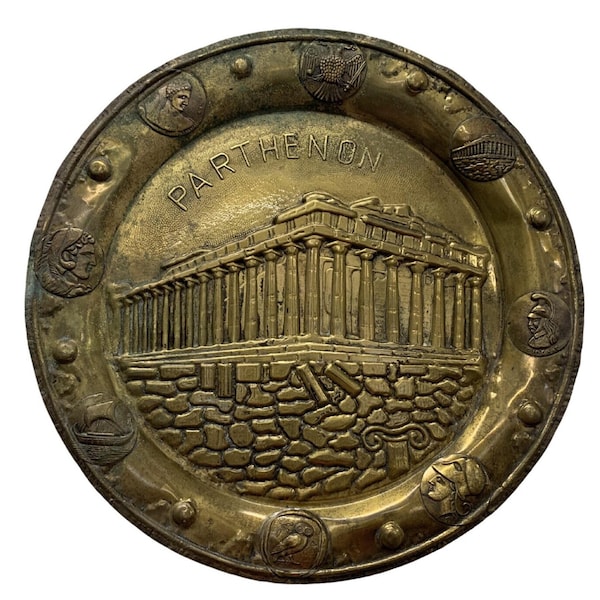 Antique Handmade Large Hanging Bronze Disk Depicting the Parthenon, Old Brass Wall Plaque