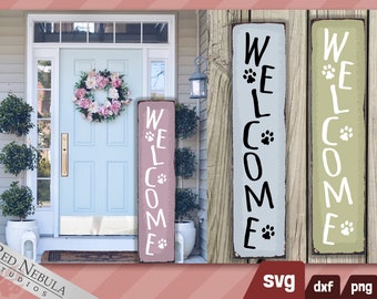 Downloadable Porch Sign SVG - Welcome with Pet Pawprints - svg | dxf | png - Housepet Vertical Porch Sign for Cat or Dog