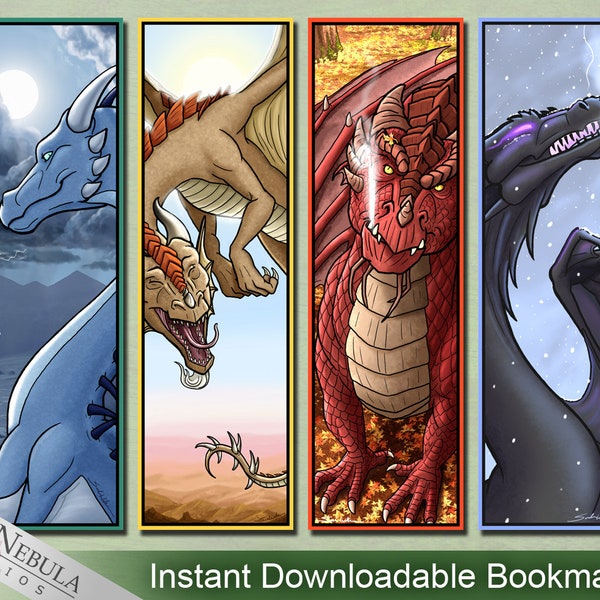 Printable Dragon Bookmarks Representing Four Seasons - Instant Download - Fantasy Spring, Summer, Fall / Autumn, and Winter