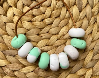 Handmade Polymer Clay Bead Necklace >> Mint Green, White and White Glitter >> Adjustable Leather Cord, Handmade Beads, Textured Beads