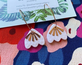 White Petal Sun Ray Clay Hoop Earrings >> Hoop, Small Statement Dangles, Stylish Edgy Sophisticated Fun Embellishment Textured