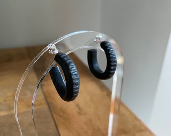 Striped Textured Lines Block Colour Polymer Clay Hoop Earrings >> Black >> C-Shaped Statement Stylish Edgy Sophisticated Fun Bold