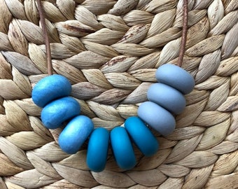 Adjustable Length Leather Cord Pearl Blue Beads Handmade Polymer Clay Bead Necklace Block Colours Grey Teal