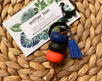 Beaded Keychain / Bagtag >> Navy, Black Glitter, Orange with Blue Tassel and Black Clasp >> Handmade, Gift