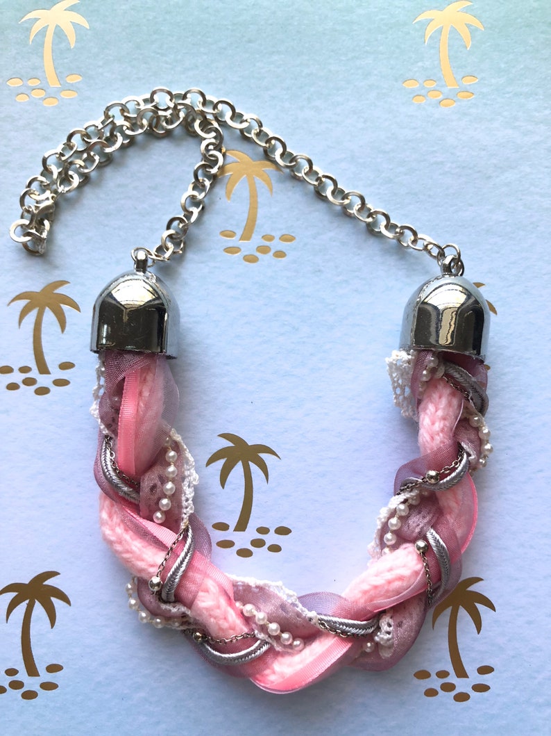 Braided Upcycled Statement Necklace Baby Pink Braided Fabric Ribbon Beaded Chain