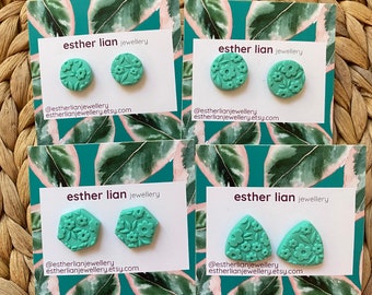 Flower Garden Textured Clay Stud Earrings >> Turquoise/Aqua Green >> Circles, Hex, Flower >> Small Statement, Flower Pattern, Subtle Texture