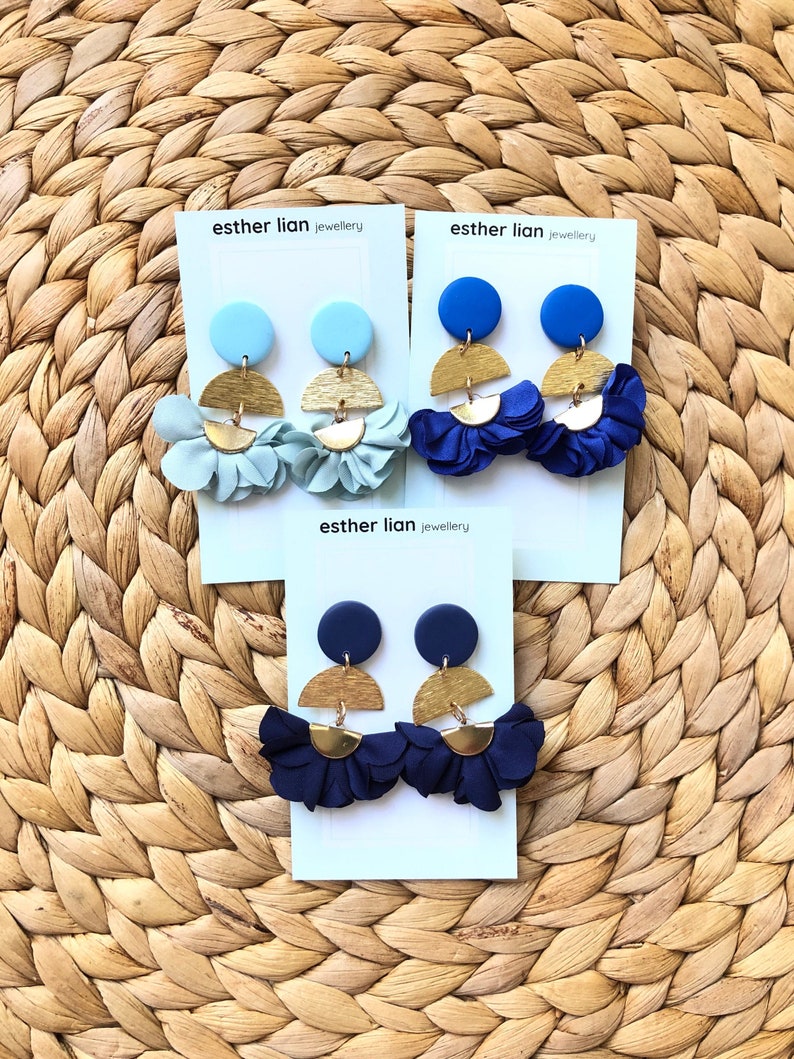 Blues: Soft Frilly Fabric Flower Long Dangle Earrings Light, Royal/Cobalt, Navy Blue and Gold Mothers Day Flowers, Flower Earrings image 1