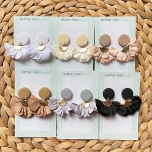 Neutrals: Soft Frilly Fabric Flower Fan Tassel and Clay Earrings >> White, Grey >> Mothers Day Flowers, Flower Petal Earrings