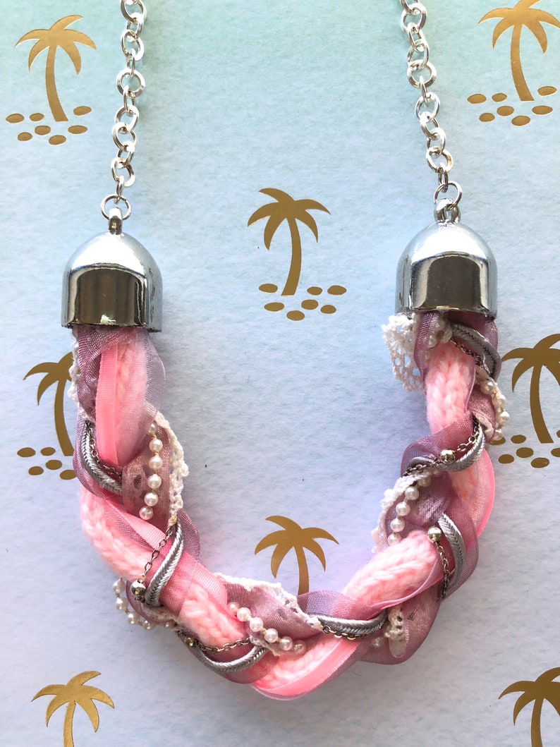 Braided Upcycled Statement Necklace Baby Pink Braided Fabric Ribbon Beaded Chain