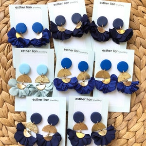 Blues: Soft Frilly Fabric Flower Long Dangle Earrings Light, Royal/Cobalt, Navy Blue and Gold Mothers Day Flowers, Flower Earrings image 6