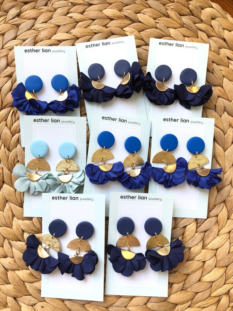 Blues: Soft Frilly Fabric Flower Long Dangle Earrings Light, Royal/Cobalt, Navy Blue and Gold Mothers Day Flowers, Flower Earrings image 6