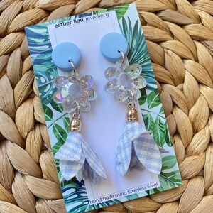 Gingham drops and flowers Light blue dangle earrings. Perfect for gingham/flower/earring lovers. Jazz up your outfit with these earrings SilverGlitter flower