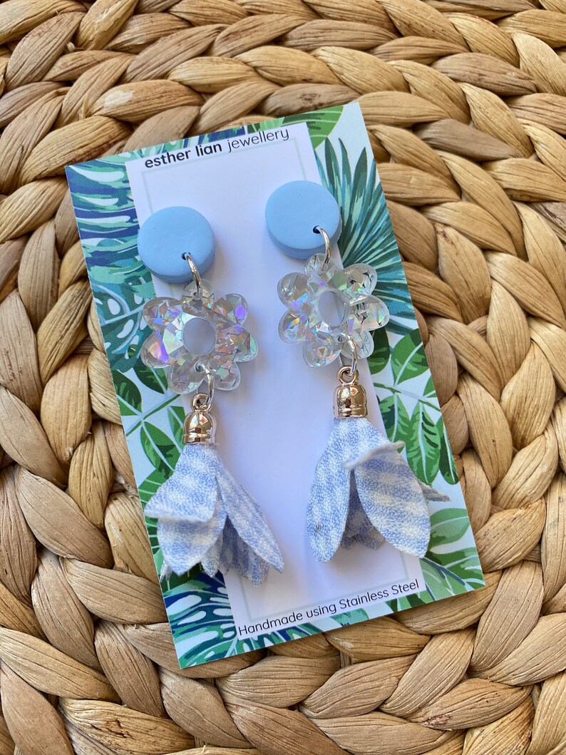 Gingham drops and flowers Light blue dangle earrings. Perfect for gingham/flower/earring lovers. Jazz up your outfit with these earrings SilverGlitter flower