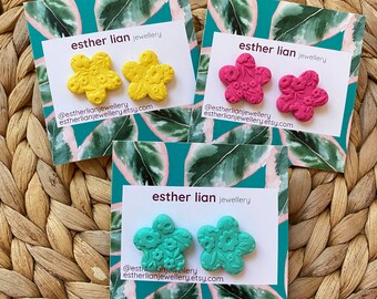 Flower Garden Textured Clay Stud Earrings >> Yellow, Green, Pink >> Large Flower >> Small Statement, Flower Pattern, Subtle Texture