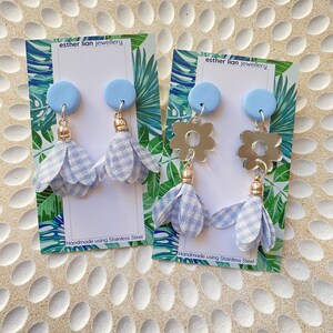 Gingham drops and flowers Light blue dangle earrings. Perfect for gingham/flower/earring lovers. Jazz up your outfit with these earrings image 5