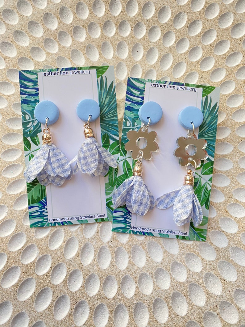 Gingham drops and flowers Light blue dangle earrings. Perfect for gingham/flower/earring lovers. Jazz up your outfit with these earrings image 5