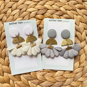 Neutrals: Satin Fabric Flower Fan Tassel, Gold and Clay Earrings White, Grey/Silver Floral and Gold Dangle, Flower Plant, Evening image 1