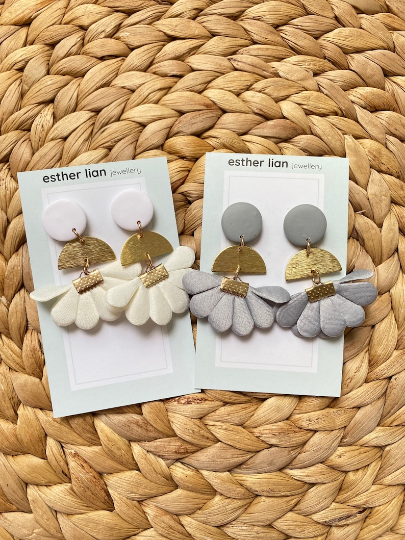 Neutrals: Satin Fabric Flower Fan Tassel, Gold and Clay Earrings White, Grey/Silver Floral and Gold Dangle, Flower Plant, Evening image 1