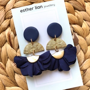 Blues: Soft Frilly Fabric Flower Long Dangle Earrings Light, Royal/Cobalt, Navy Blue and Gold Mothers Day Flowers, Flower Earrings Navy Blue
