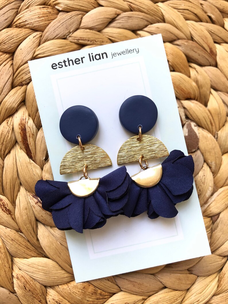 Blues: Soft Frilly Fabric Flower Long Dangle Earrings Light, Royal/Cobalt, Navy Blue and Gold Mothers Day Flowers, Flower Earrings Navy Blue