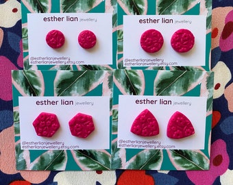 Flower Garden Textured Stud Earrings >> Fuchsia Pink >> Circles, Hex, Rounded Triangle >> Small Statement, Flowers and Leaves Effect