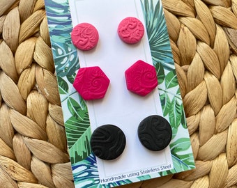 Pink, Fuchsia and Black >> 3 pairs of Textured Studs >> Art for your ears. The perfect gift. Matches lots of prints - Mister Zimi, Gorman.