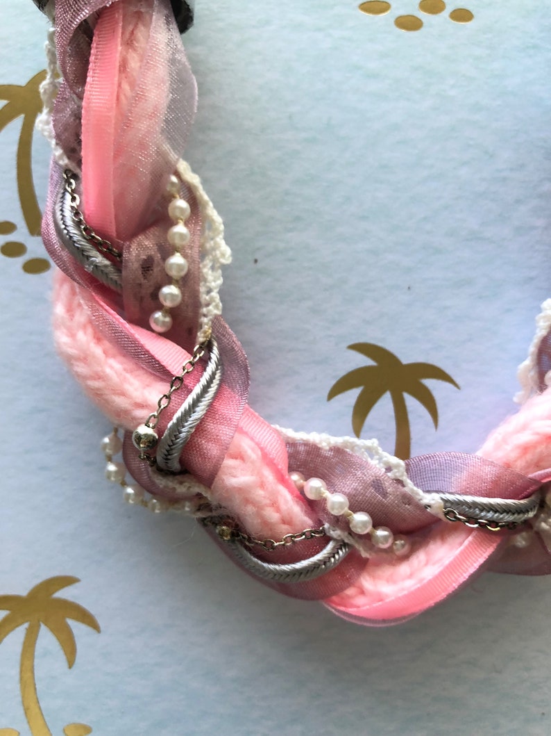 Braided Upcycled Statement Necklace Baby Pink Braided Fabric Ribbon Beaded Chain