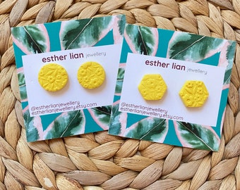 Flower Garden Textured Clay Stud Earrings >> Yellow >> Circles, Hex >> Small Statement, Flower Pattern, Subtle Texture