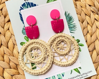 Dreamcatcher Statement Earrings >> Bright Pink, Dimpled Fuchsia Arch, Rattan Circles >> Lightweight Happy Fun Dangles Bright Colourful