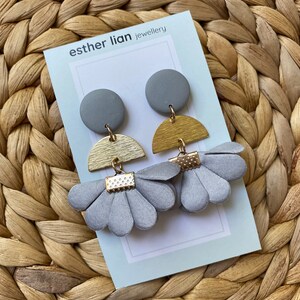 Neutrals: Satin Fabric Flower Fan Tassel, Gold and Clay Earrings White, Grey/Silver Floral and Gold Dangle, Flower Plant, Evening image 2