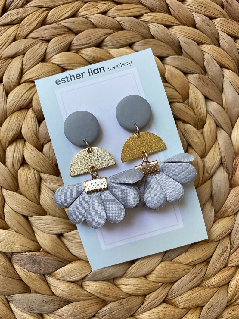 Neutrals: Satin Fabric Flower Fan Tassel, Gold and Clay Earrings White, Grey/Silver Floral and Gold Dangle, Flower Plant, Evening image 2