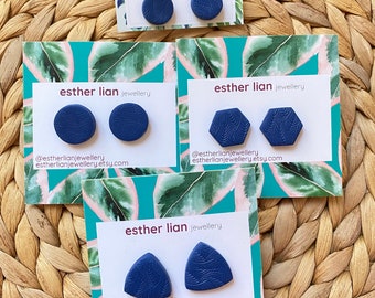 Leaf Textured Stud Earrings >> Navy Blue >> Circles, Hex, Rounded Triangle >> Small Statement, Dancing Leaves