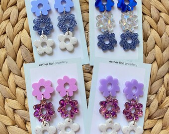 3 Flower Dangles - for the flower lovers! Blues, Purples. Lift your mood and start a conversation with these fun earrings!