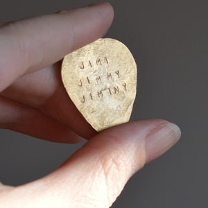 Custom Brass Guitar Pick. Personalized music tools for the musician artist guitarist in your life. Golden solid brass gift for him her them