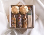 Custom incense glass vial gift pack. natural loose incense w charcoal smoldering discs, and bottled matches. corked bottle. spiritual gifts.