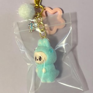 Zimomo Mini Flocked Labubu Figure Popmart Inspired Keychains Color Coordinated Charms Bag Accessories