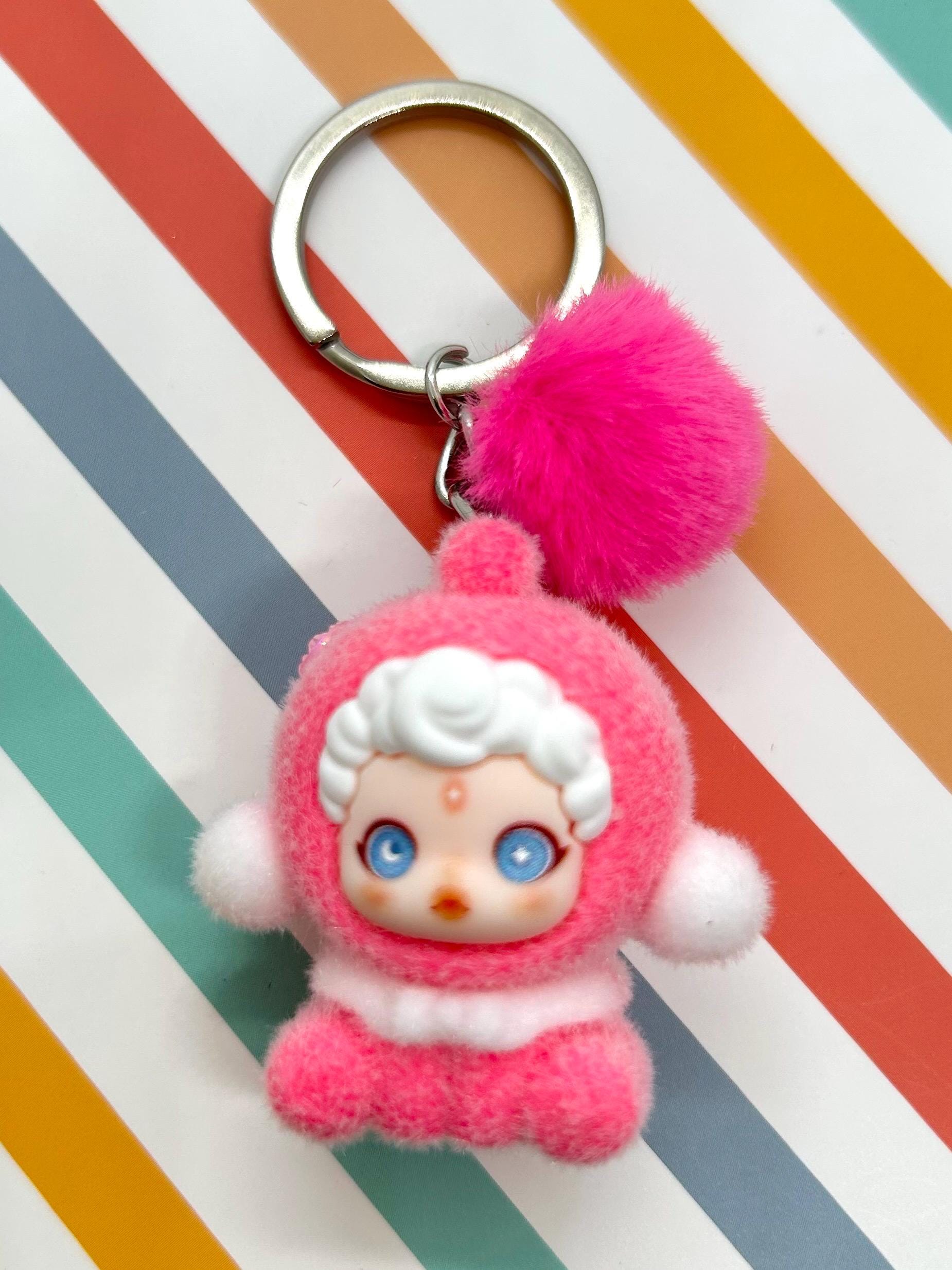 Skull Panda Inspired Mini Flocked Figure Keychain With Pom