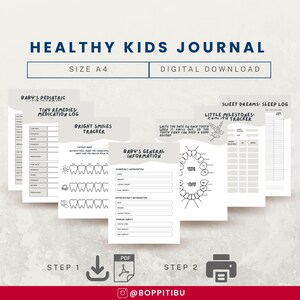 Puede incluir: Una descarga digital de un diario imprimible para hacer un seguimiento de la salud y el desarrollo de un niño. El diario incluye secciones para registros de medicamentos, registros de sueño, hitos dentales e información general. El diario está diseñado con un estilo lindo y caprichoso y presenta ilustraciones de dientes y un colibrí.