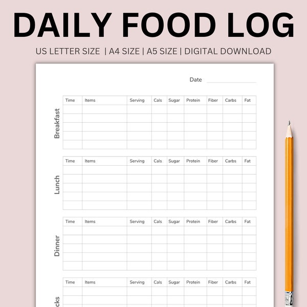 Dagelijks voedsellogboek • Voedseldagboek afdrukbaar • PDF afdrukbaar dagelijks voedsellogboek • Dagelijkse calorietracker • A4, A5, Letter, Instant Download