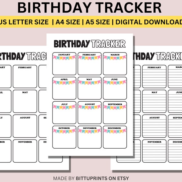 Birthday Tracker Printable Template | Birthday Planner Printable | PDF Birthday Calendar | Birthday Reminder | Birthday Organizer