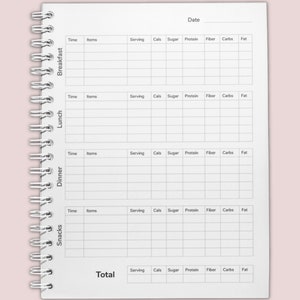 May include: A white printable food journal with a spiral binding. The journal has sections for breakfast, lunch, dinner, snacks, and a total section. Each section has columns for time, items, serving, calories, sugar, protein, fibre, carbs, and fat.