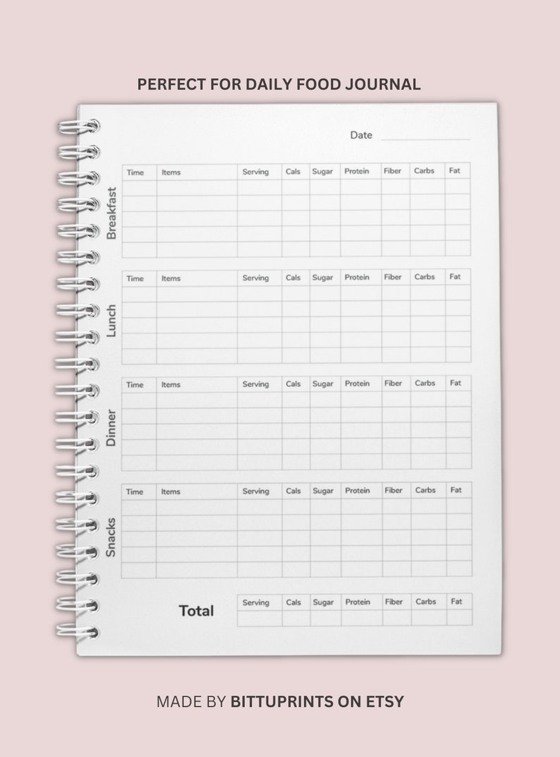 Daily Food Log Journal - Printable PDF, Calorie Tracker, Instant ...