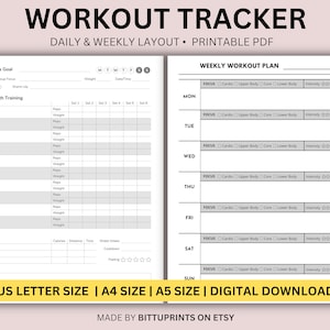 Workout Tracker Printable • Daily Exercise Planner • Weekly Workout Tracker • Gym Training Log • Fitness Planner • US Letter Size, A5, A4