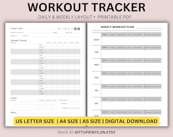 Daily Workout Tracker Printable: Gym Fitness Planner (US Letter, A5, A4)