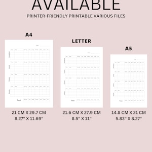 May include: Printable food journal tracker in three sizes: A4 (21 cm x 29.7 cm), Letter (21.6 cm x 27.9 cm), and A5 (14.8 cm x 21 cm). The journal has columns for time, name, serving, calories, protein, carbs, fat, sugar, fibre, and notes.