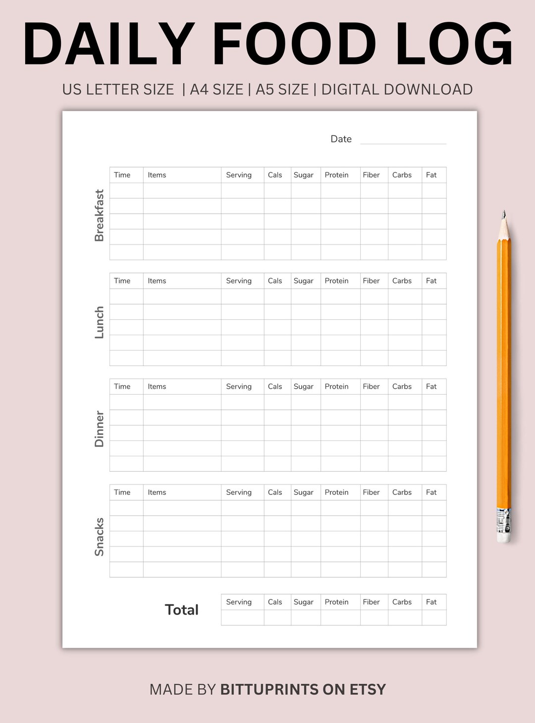 Daily Food Log Journal Printable PDF Calorie Tracker Instant 