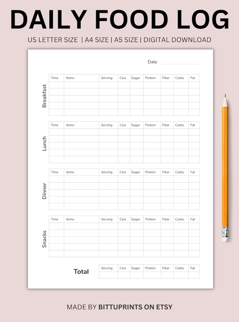May include: A printable daily food log with sections for breakfast, lunch, dinner, snacks, and a total. The log includes columns for time, items, serving, calories, sugar, protein, fibre, carbs, and fat.