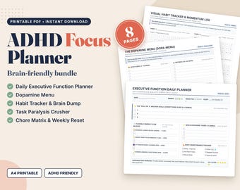 Puede incluir: Un paquete de 8 páginas de planificador ADHD Focus en PDF imprimible que incluye un planificador de funciones ejecutivas, menú de dopamina, rastreador de hábitos y matriz de tareas. Contiene secciones para objetivos y niveles de energía.