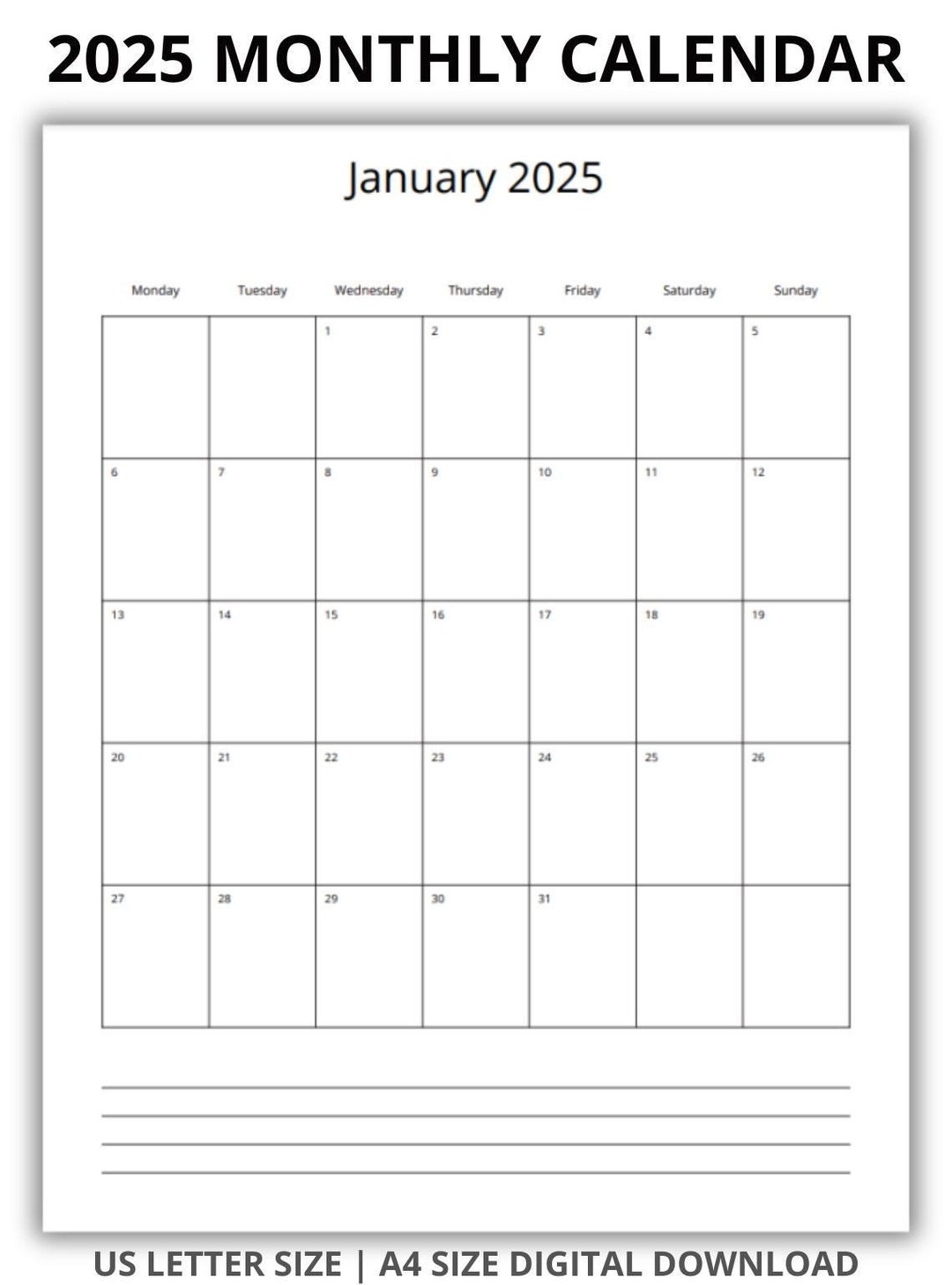 2025 Monthly Calendar With Notes, Portrait, Printable Calendar Template