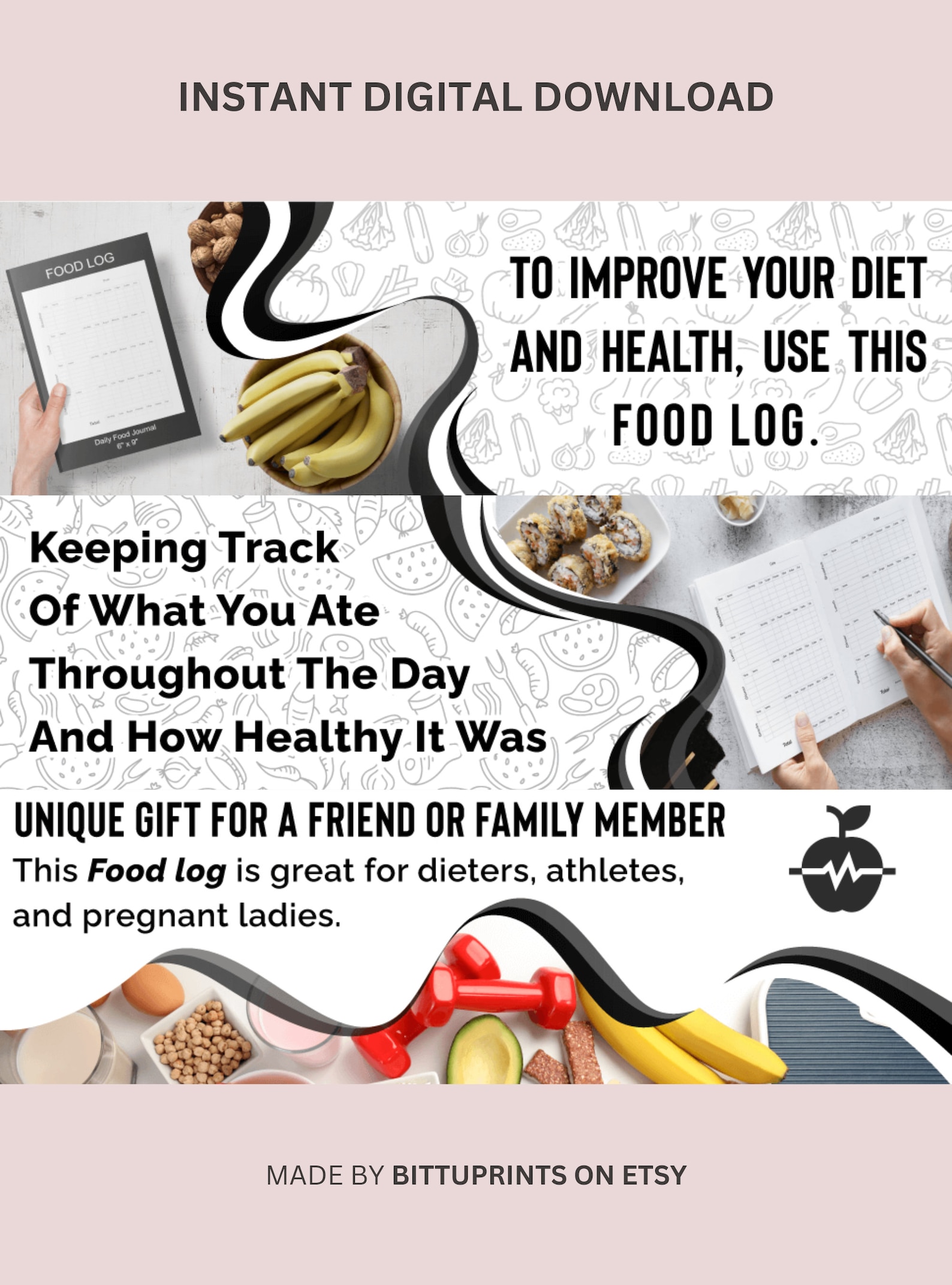 Daily Food Log Journal - Printable PDF, Calorie Tracker, Instant ...
